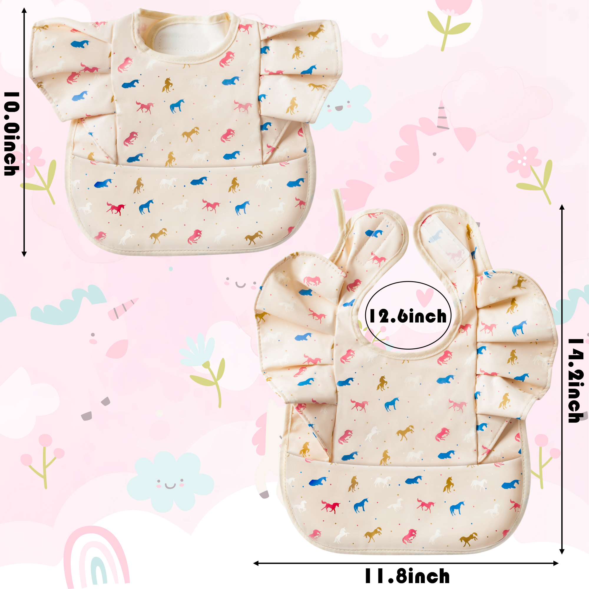 BUoonyer 3pcs Mess-Proof Baby Bib for Girls Boys Eating, Feeding Waterproof Bibs with Food Catcher, Unicorn Adjustable Toddler Smock, Apron Mess Proof Bibs for Babies Infants Newborns Teething Gifts