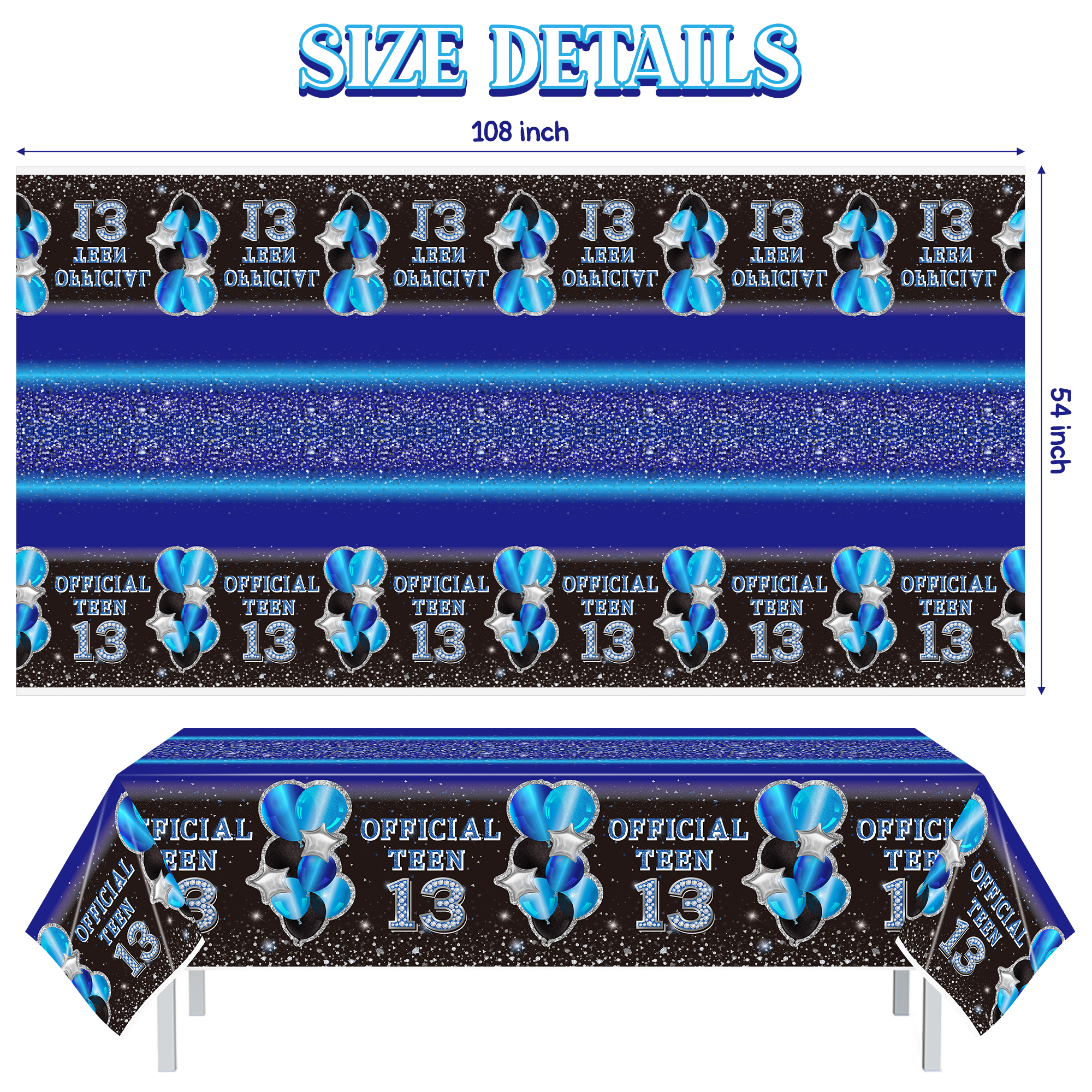 BUoonyer 3pcs 13th Birthday Table Cloth Decorations, Black Blue 13th Official Teen Tablecloth, Happy 13 Birthday Party Table Cover, Thirteen Year Old Bday Plastic Rectangle Tablecover for Boys Girls