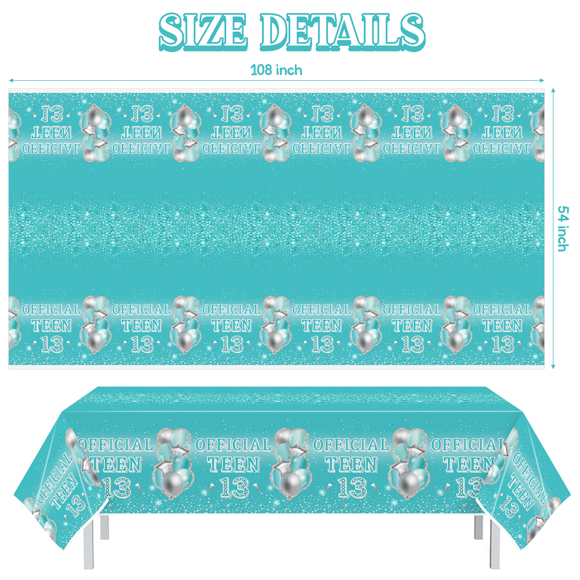 BUoonyer 3pcs 13th Birthday Table Cloth Decorations, Teal Blue 13th Official Teen Tablecloth, Happy 13 Birthday Party Table Cover, Thirteen Year Old Bday Plastic Rectangle Tablecover for Boys Girls