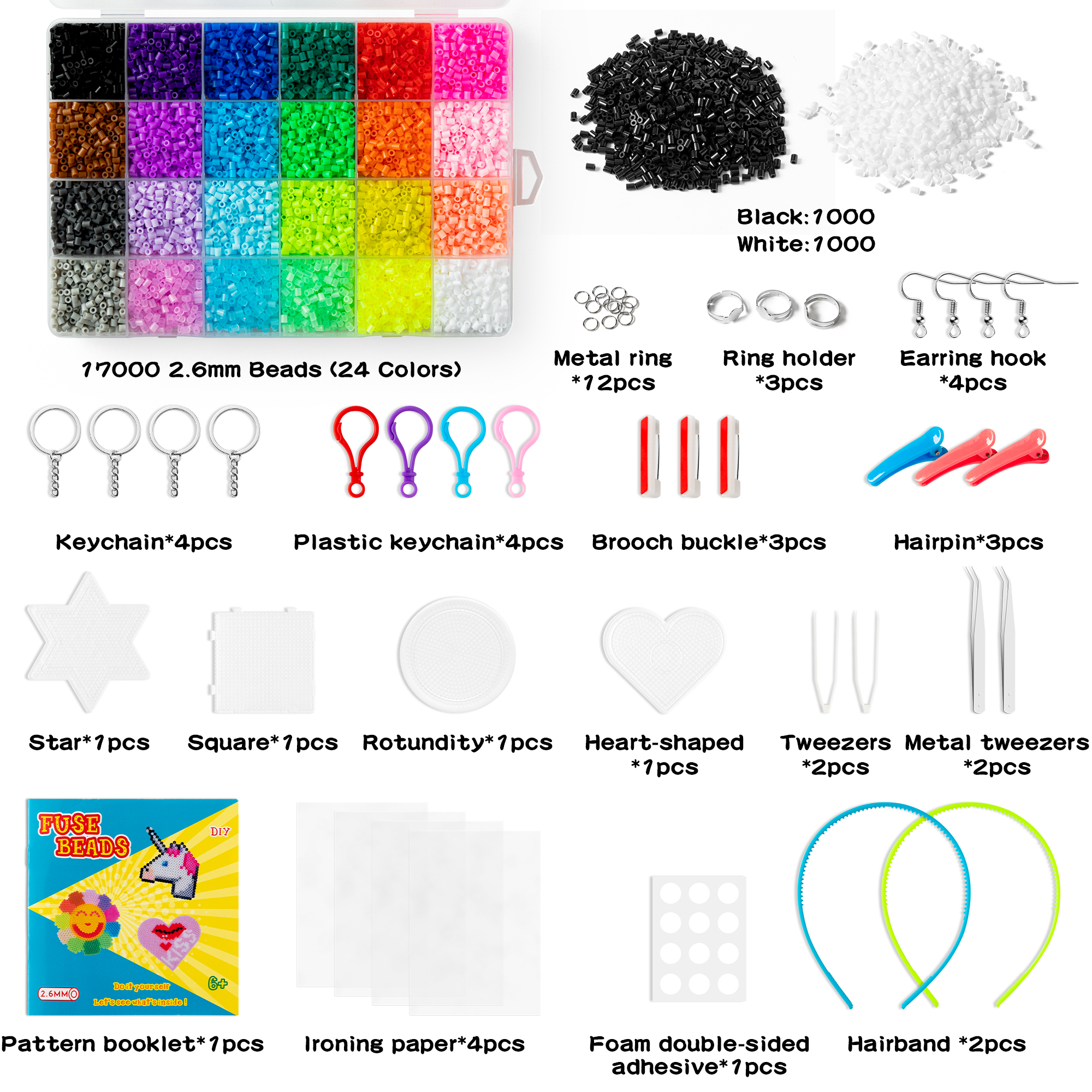 BUoonyer 17060Pcs Mini Fuse Beads Kit, Melting Beads Set for Kids Crafts, Including 24 Colors 2.6mm Iron Beads, Pegboards, Ironing Papers, Tweezers, Keychains, Hair Clips, Etc. Making Arts DIY Gift