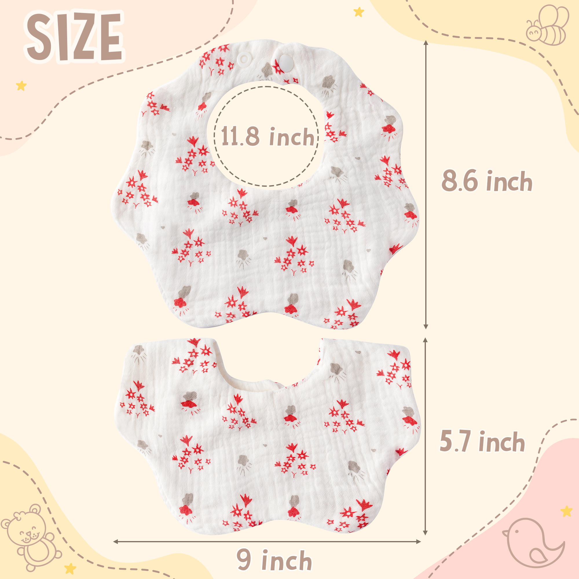 BUoonyer 6Pcs Muslin Baby Drooling Bibs, Absorbent Cotton Bandana Drool Bibs, Soft Adjustable Snap Closure Teething Bibs, Scarf Burp Cloths for Newborns Infants Toddlers Babies Feeding (Flowers)